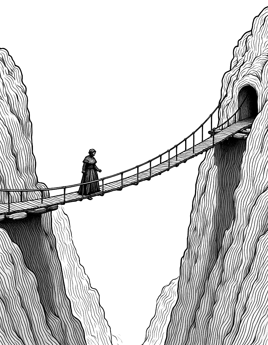 a lone figure crossing a rope bridge over a gorge coloring page Doré style free printable