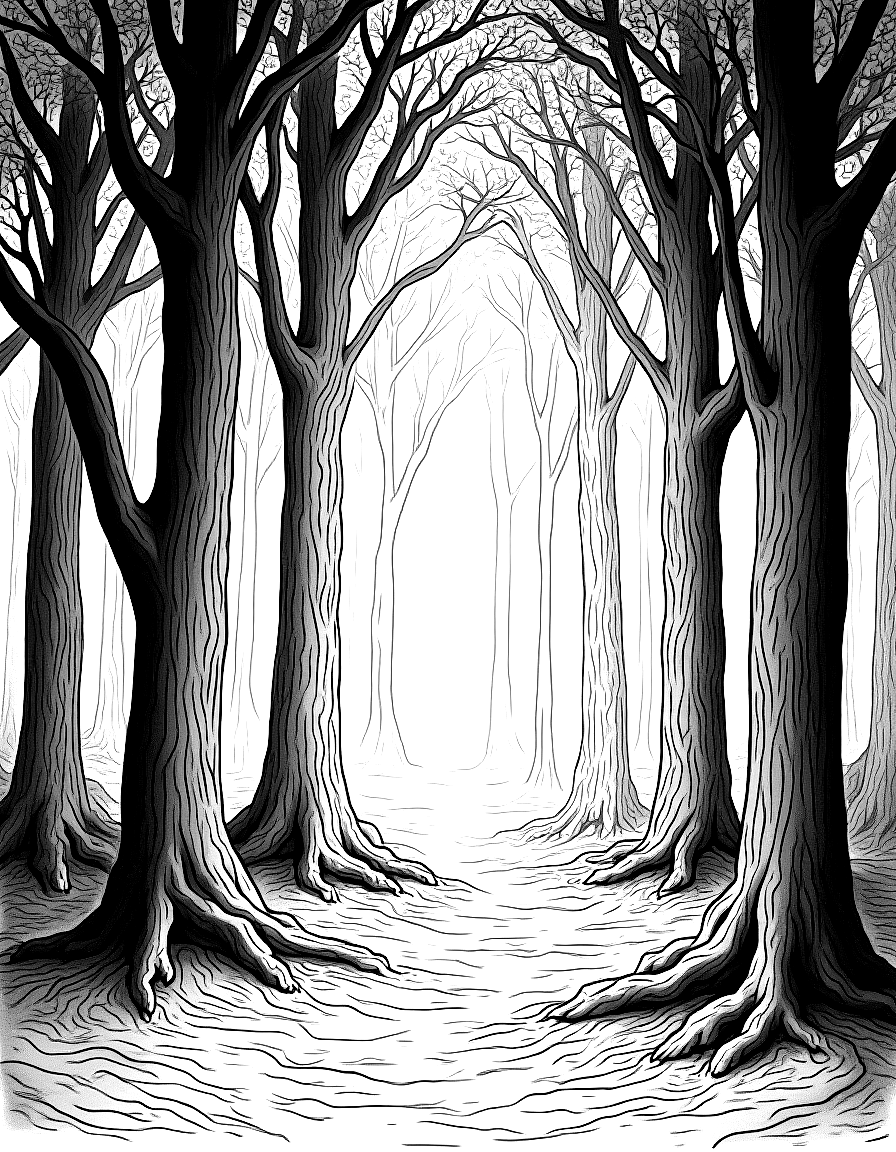 a forest of ancient trees with shafts of light coloring page Doré style free printable