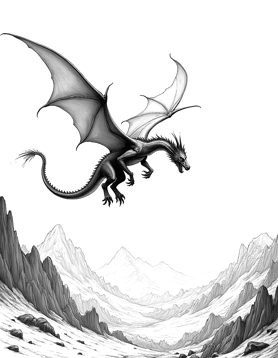 a dragon in flight over a burning valley coloring page Doré style - free printable