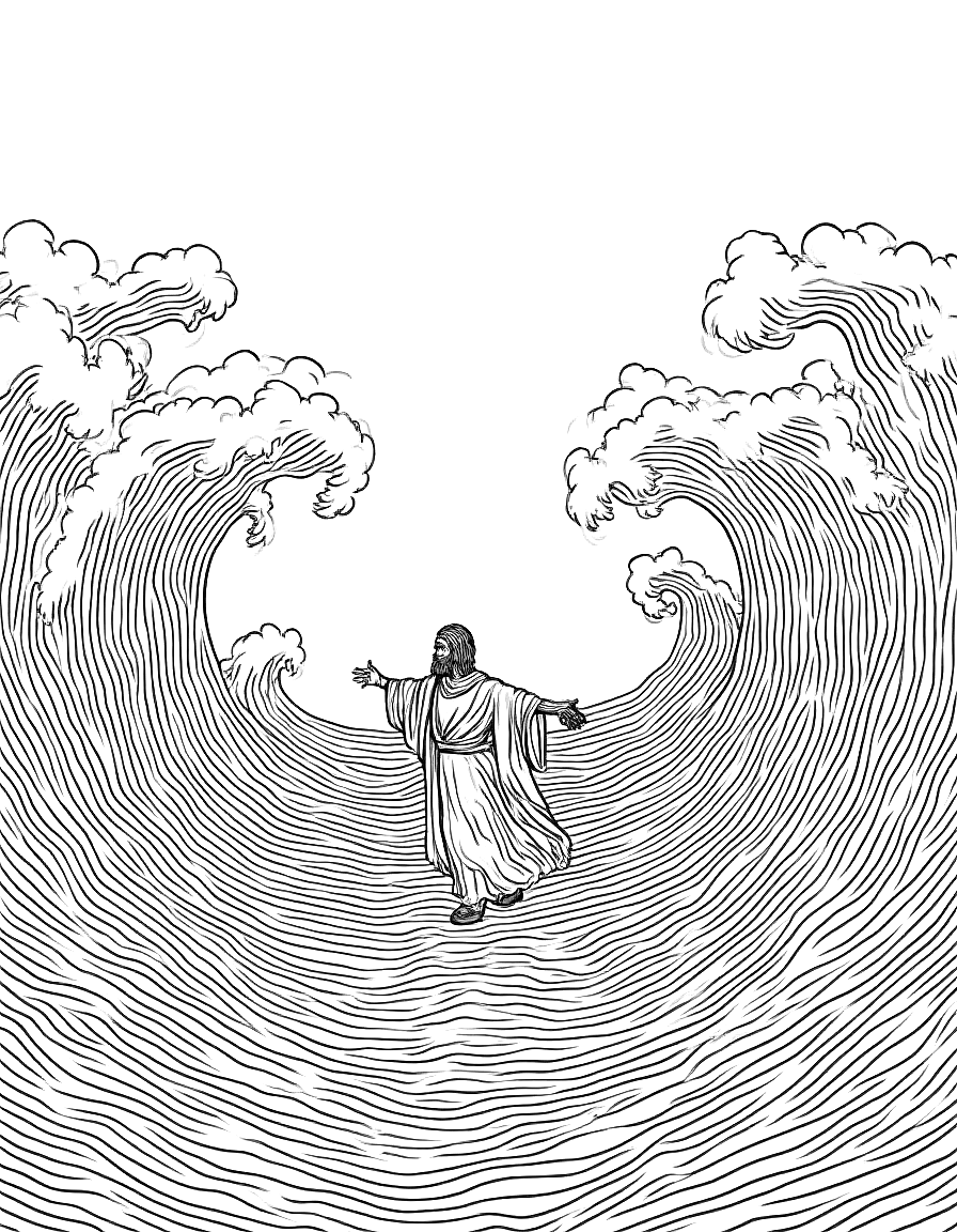 Moses parting the Red Sea with towering waves coloring page Doré style free printable