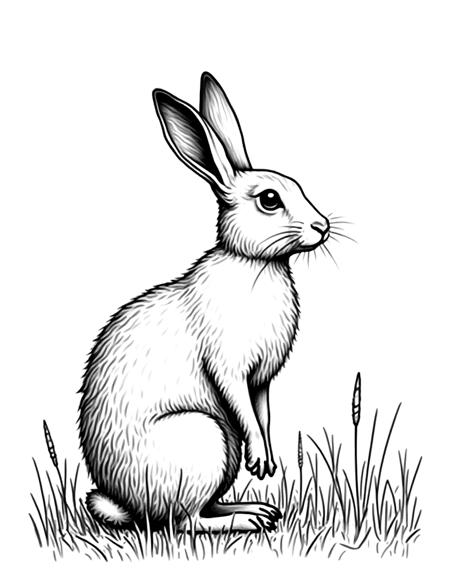 a European hare sitting alert in a meadow coloring page Dürer style free printable