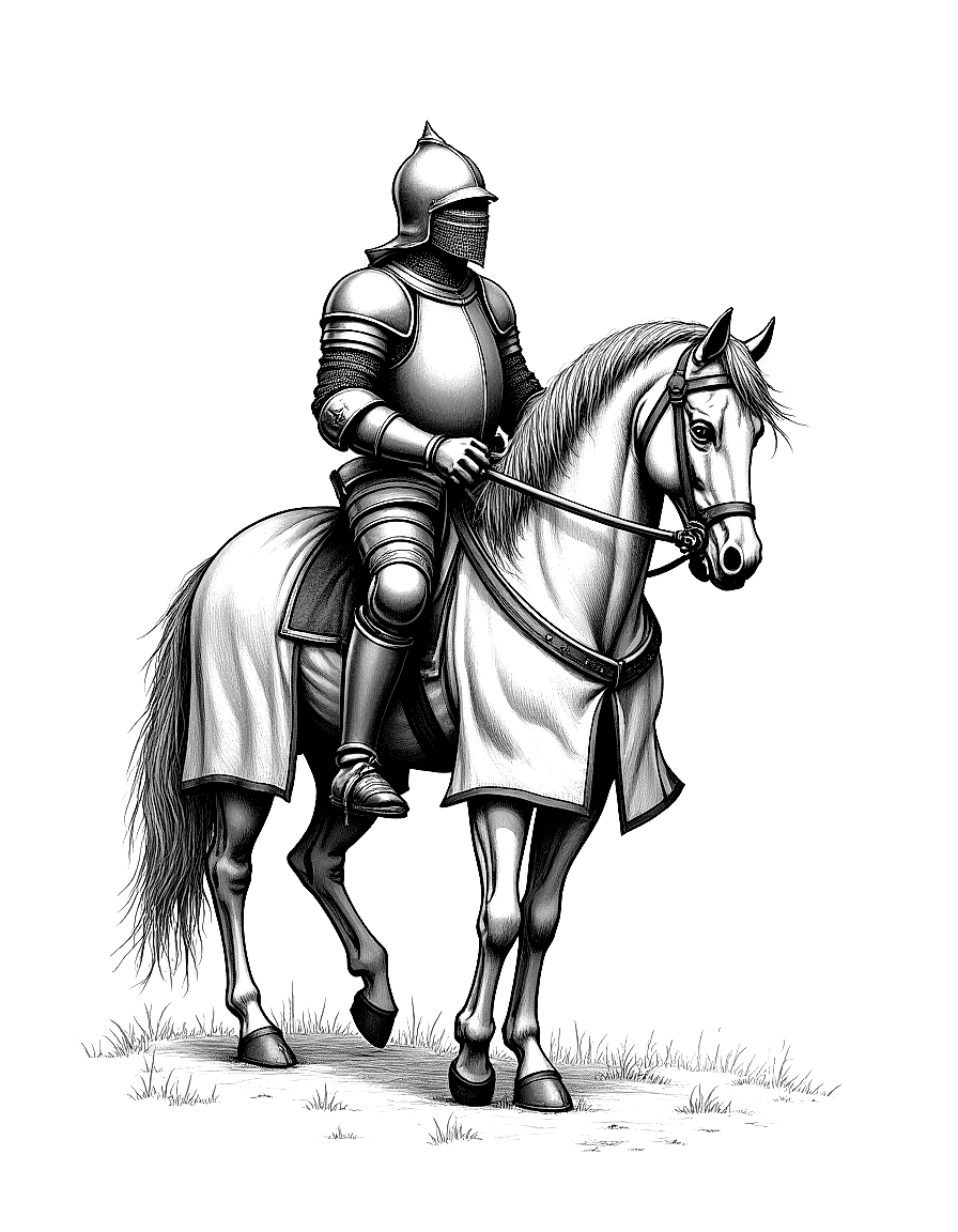 a knight in full plate armor on horseback coloring page Dürer style free printable