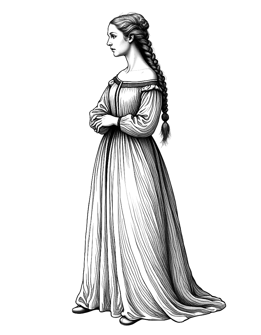 a young woman in Renaissance dress with braided hair coloring page Dürer style free printable