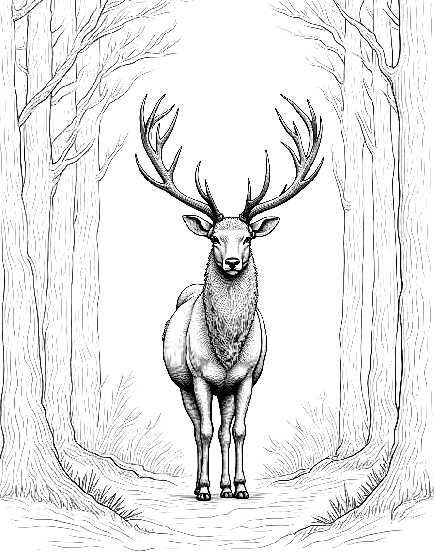 a stag with magnificent antlers in a forest coloring page Dürer style - free printable