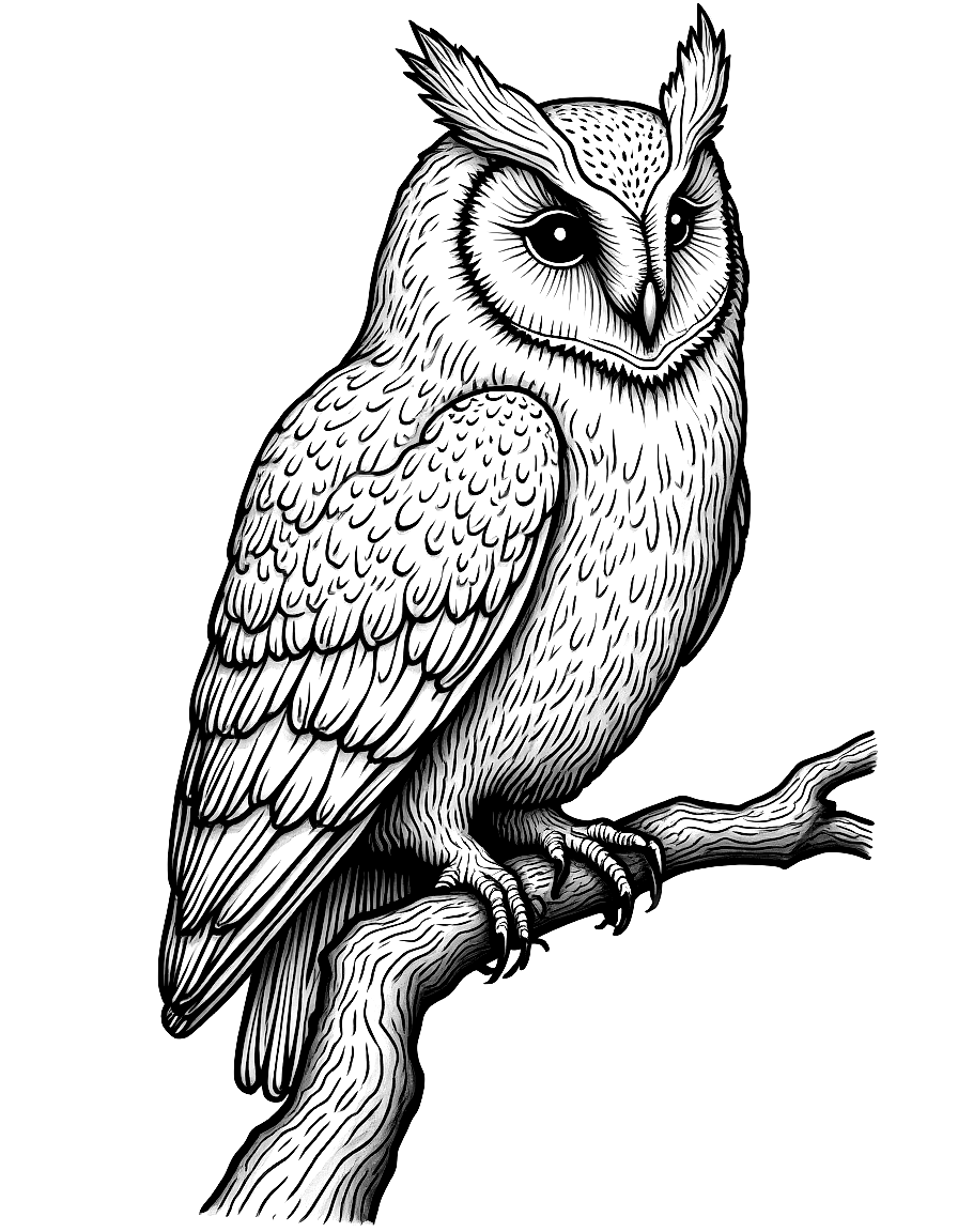 an owl perched on a gnarled branch coloring page Dürer style - free printable