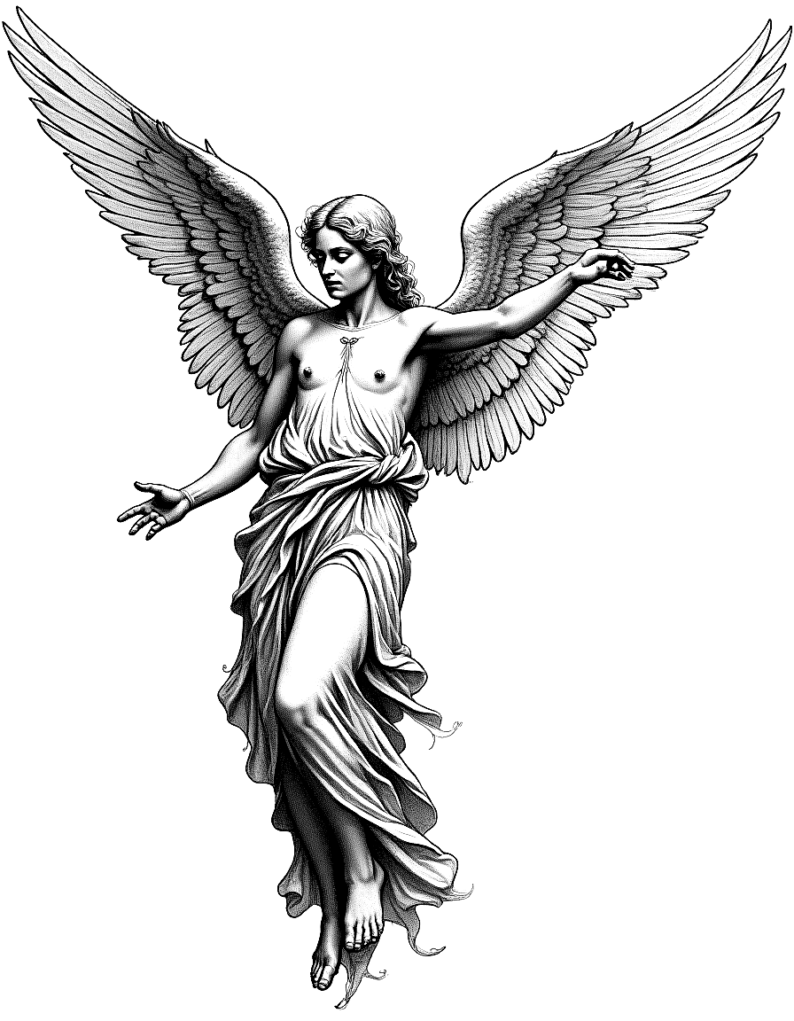 an angel with outstretched wings coloring page Dürer style free printable