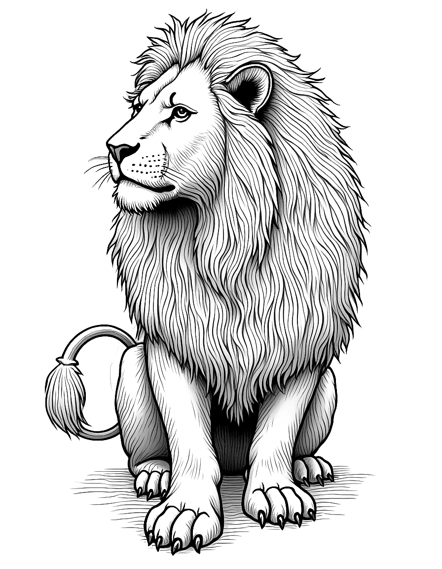 a lion with a flowing mane coloring page Dürer style - free printable