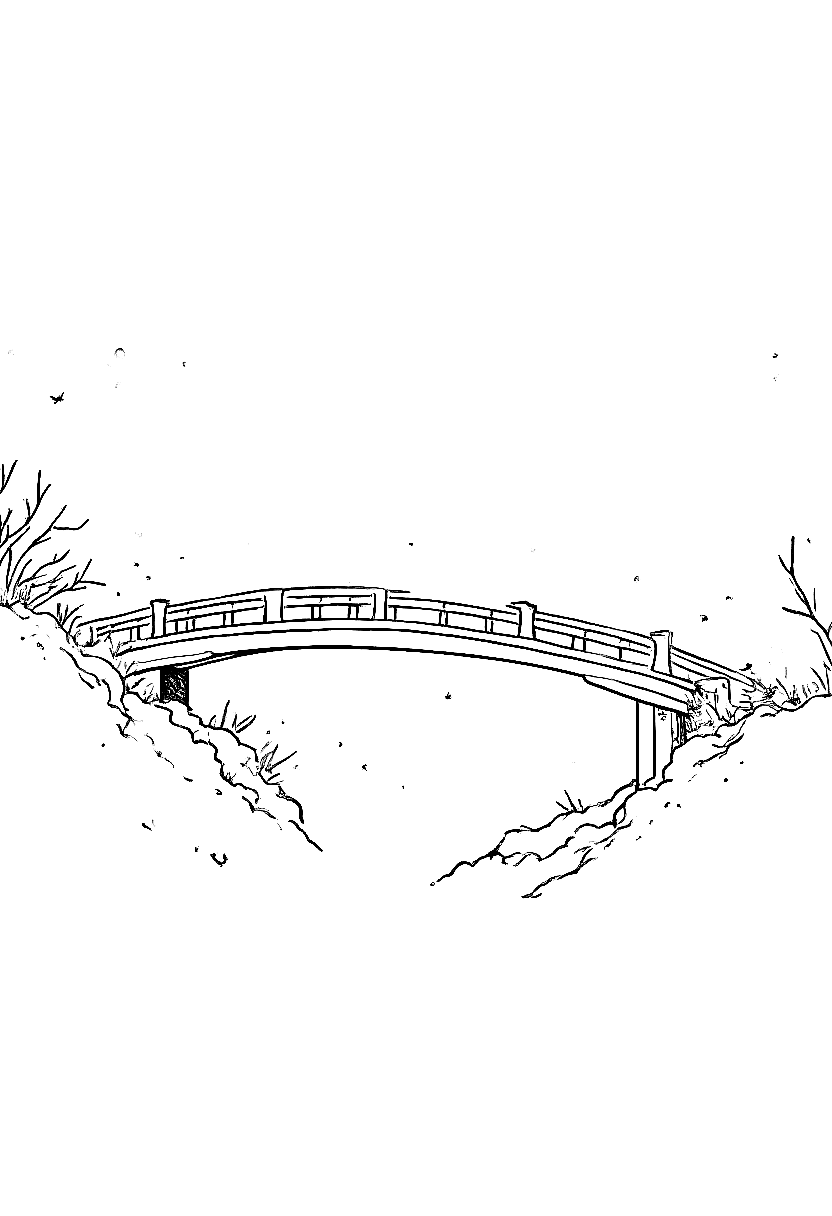 a snow-covered bridge with falling snow at dusk coloring page Hiroshige style free printable