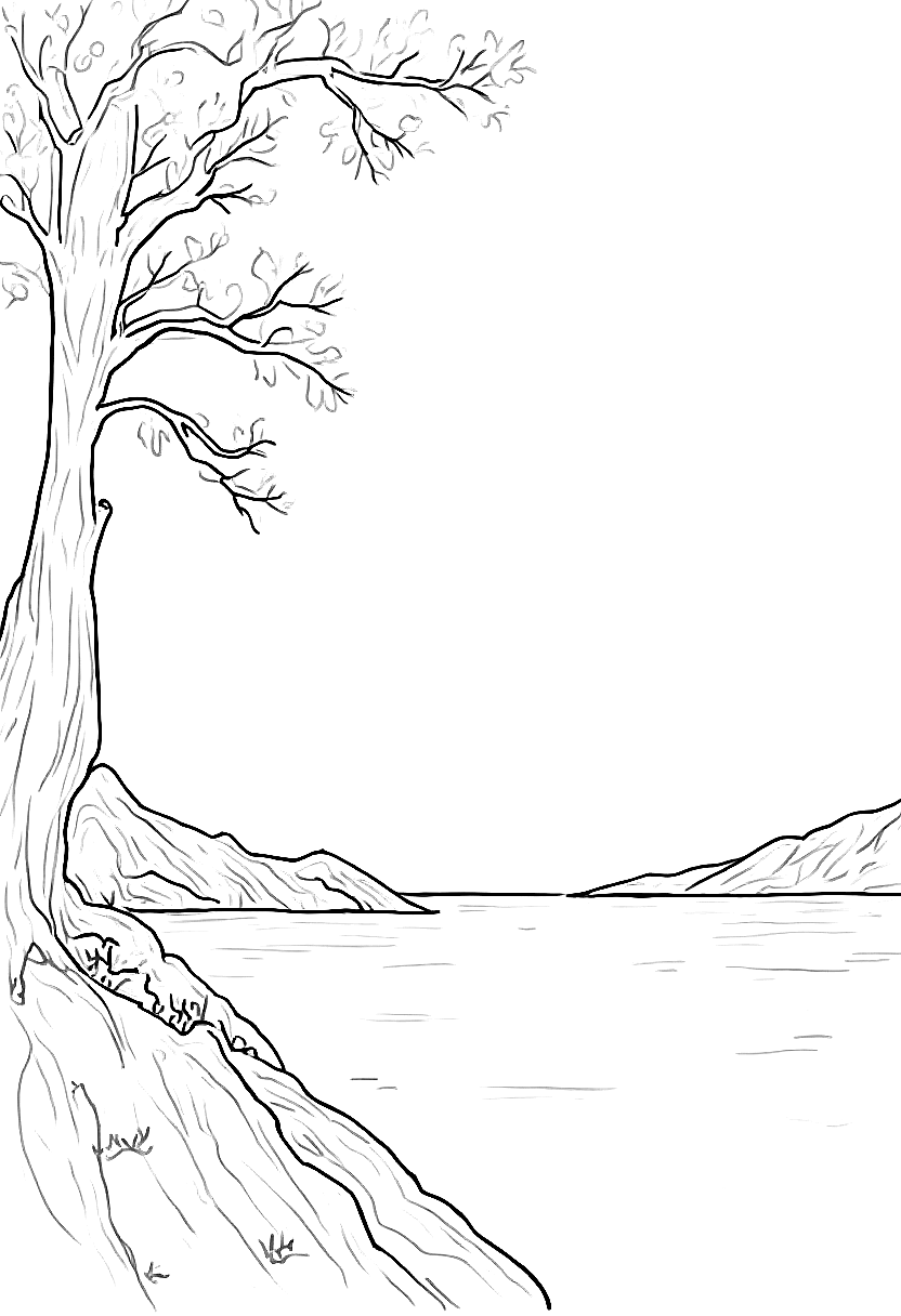 a pine tree overhanging a moonlit harbor coloring page Hiroshige style - free printable