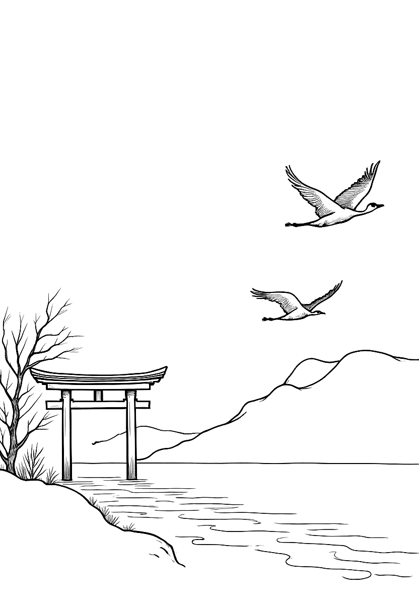 cranes flying past a red torii gate in mist coloring page Hiroshige style free printable
