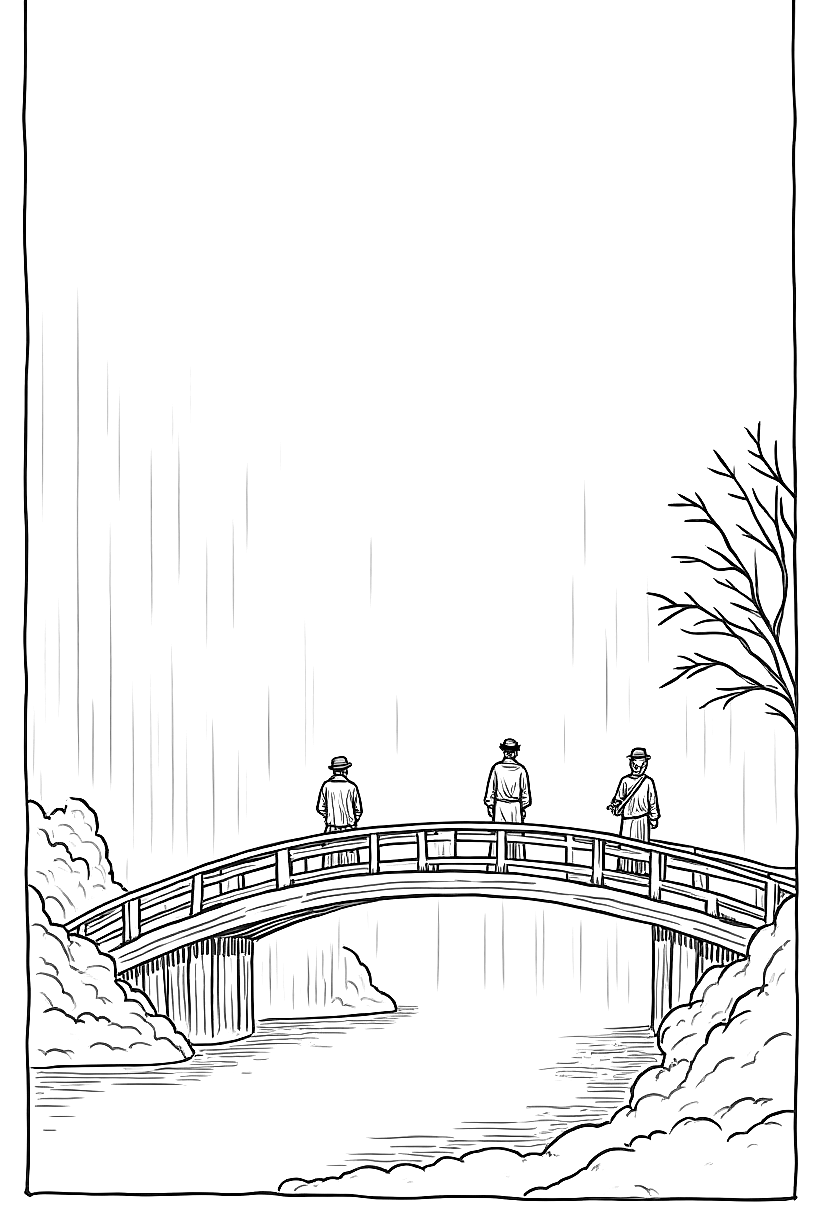 a rain shower over a wooden bridge with travelers coloring page Hiroshige style free printable