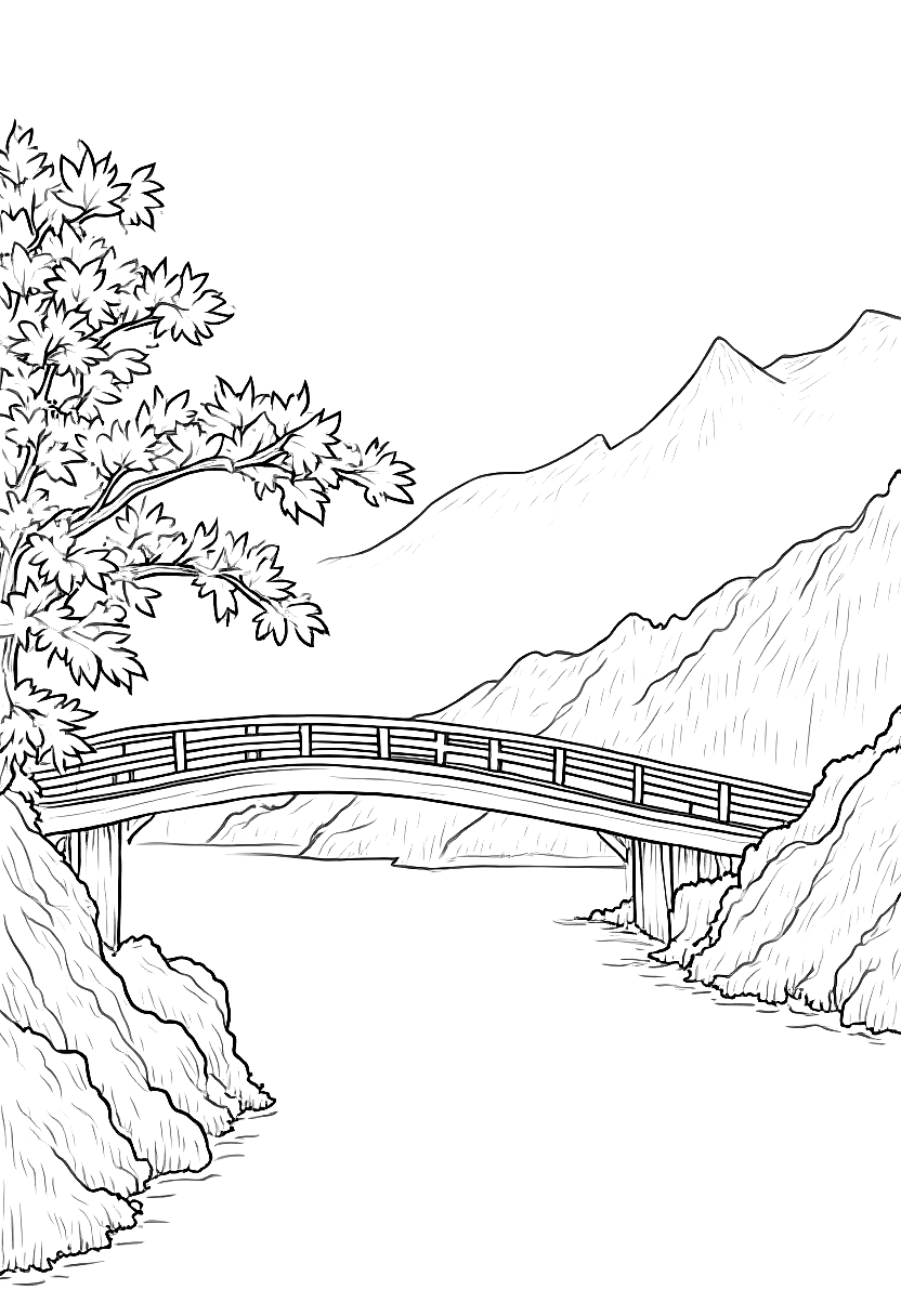 autumn maple leaves on a quiet mountain path coloring page Hiroshige style - free printable