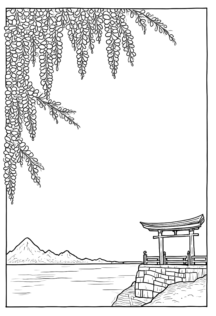 wisteria blossoms hanging over a garden wall coloring page Hiroshige style free printable