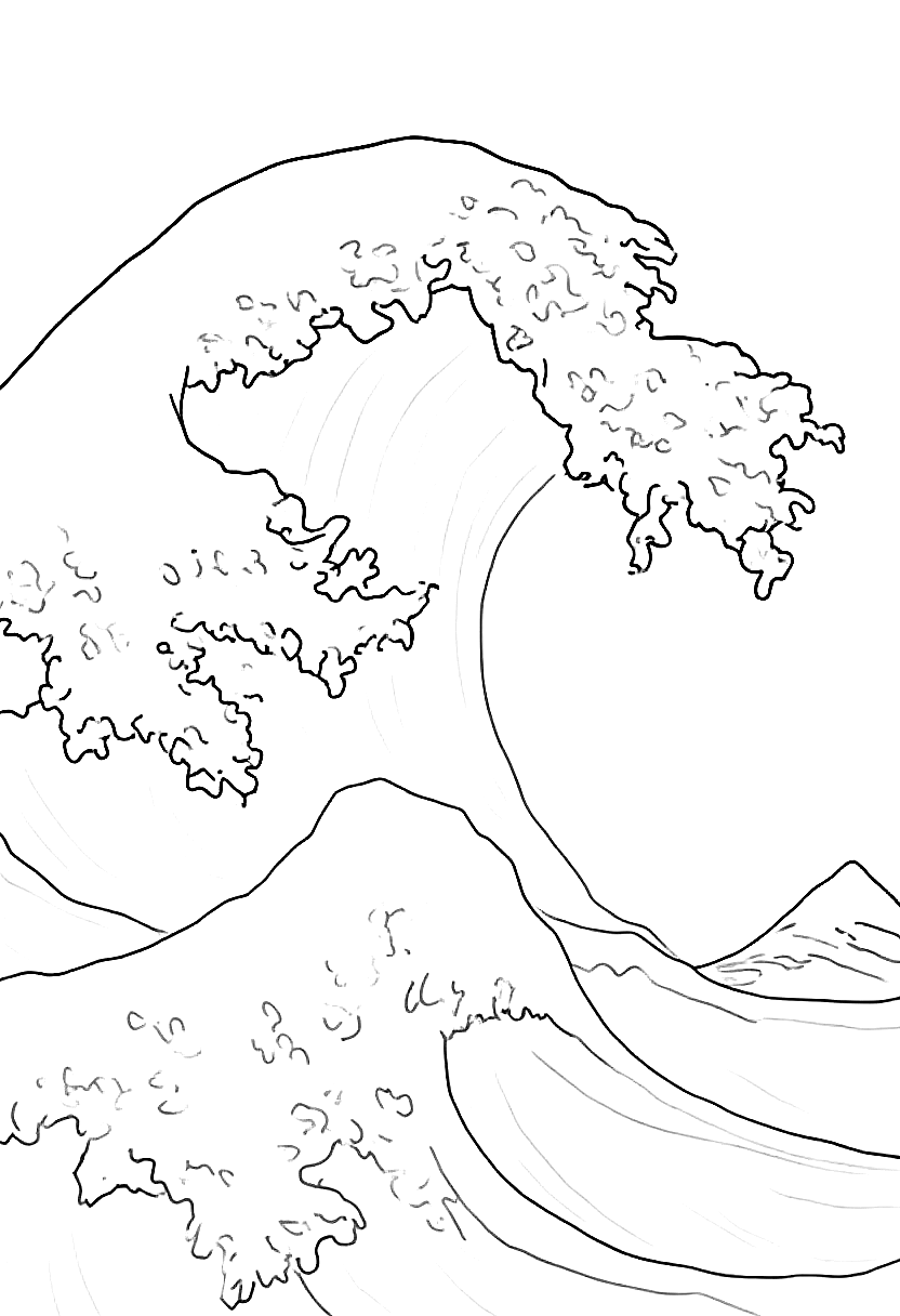 a great wave crashing with foam and spray coloring page Hokusai style - free printable