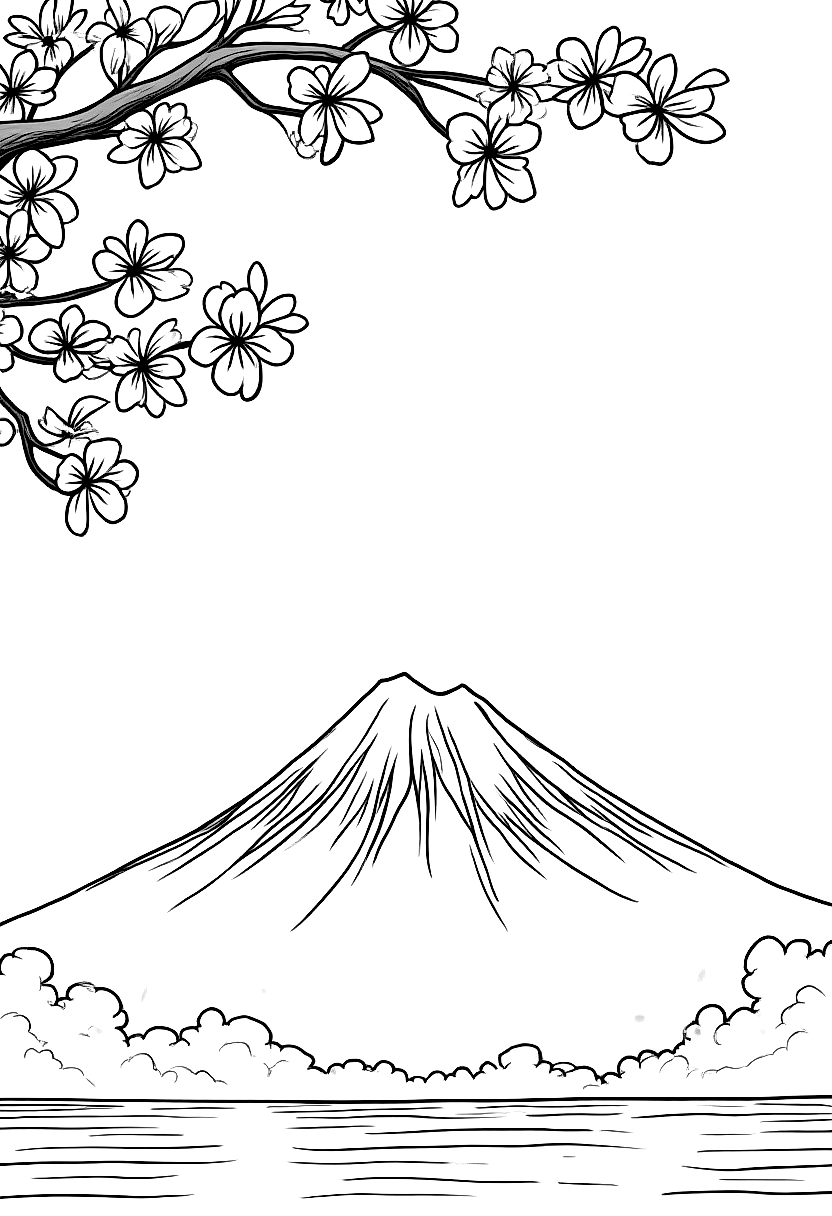 Mount Fuji seen through cherry blossom branches coloring page Hokusai style free printable