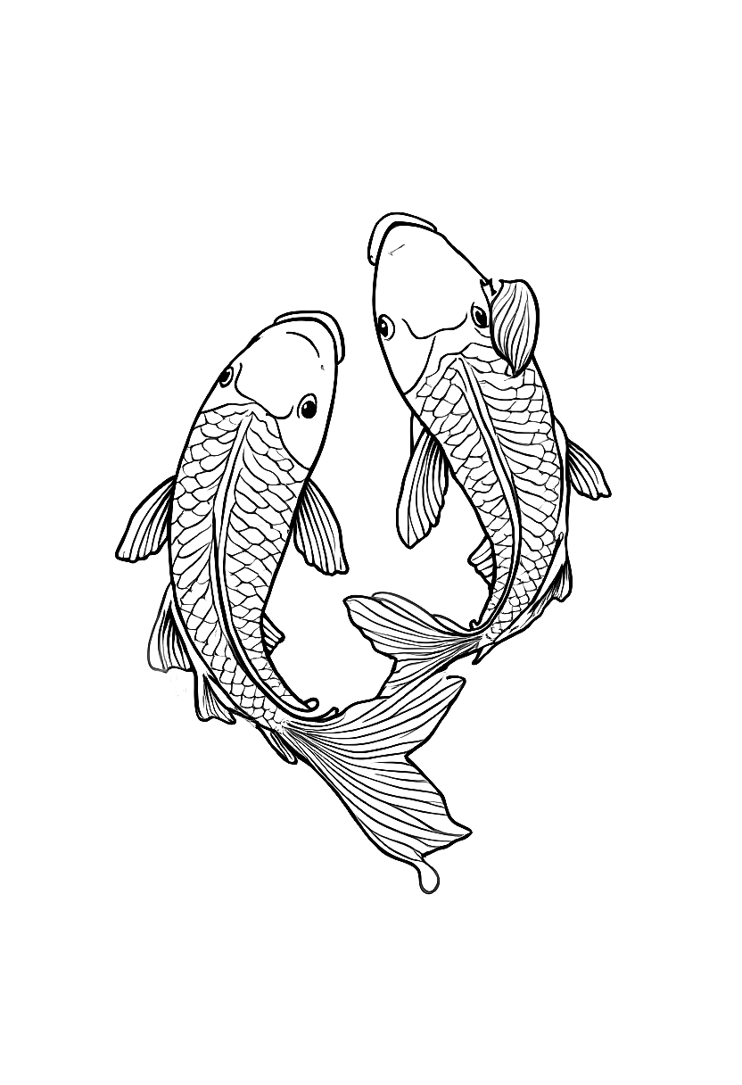 two carp swimming in clear water coloring page Hokusai style free printable