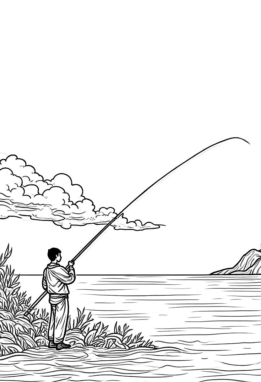 a fisherman casting a net at dawn coloring page Hokusai style - free printable