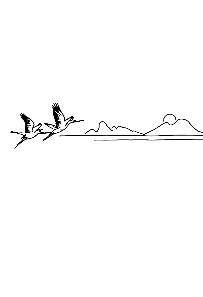 cranes in flight over a misty lake coloring page Hokusai style free printable