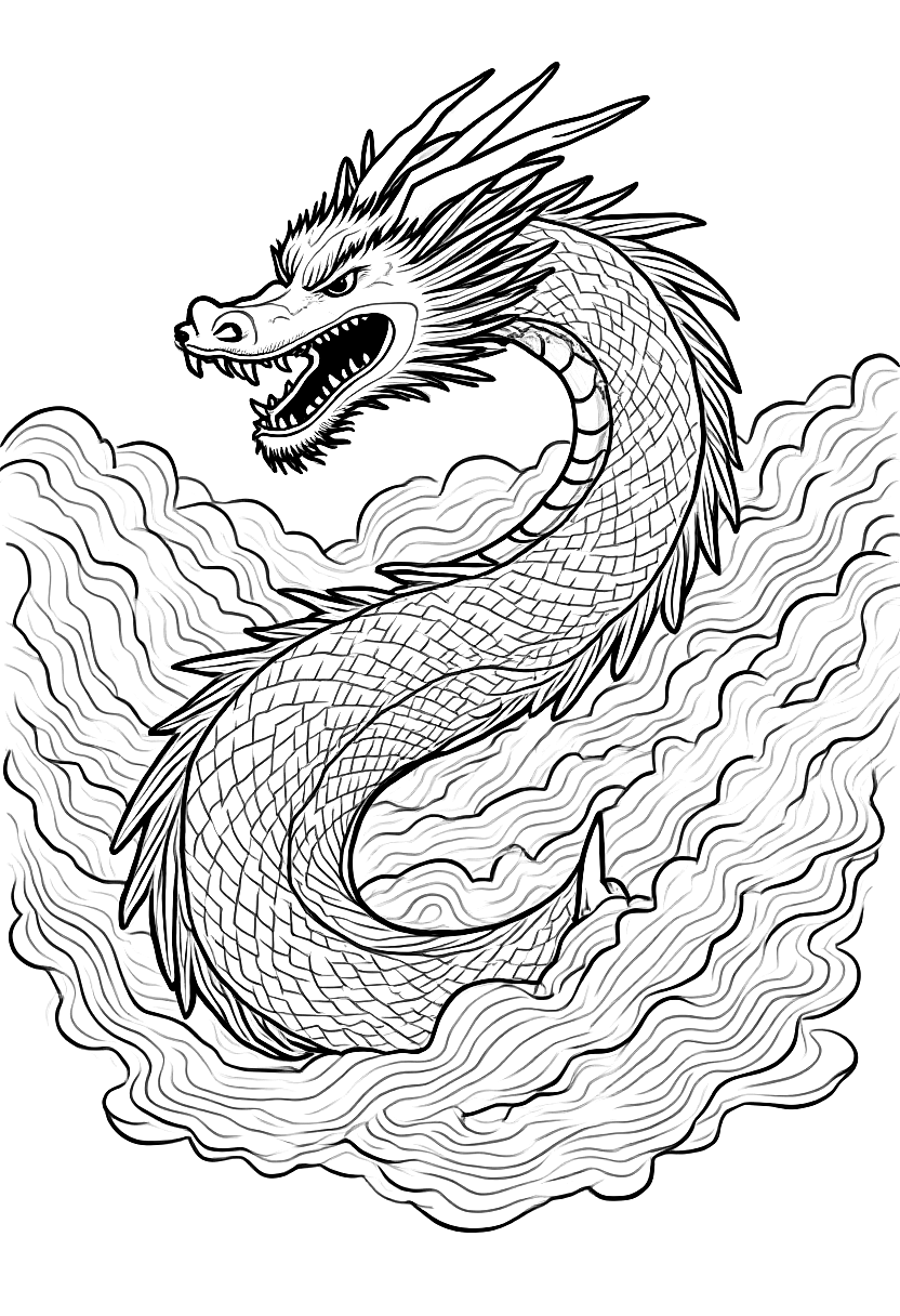 a dragon coiling through storm clouds coloring page Hokusai style - free printable