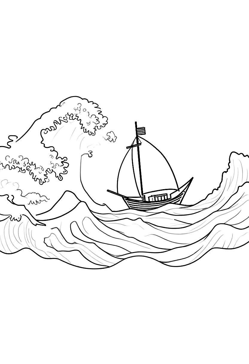 a boat on choppy ocean waves coloring page Hokusai style - free printable
