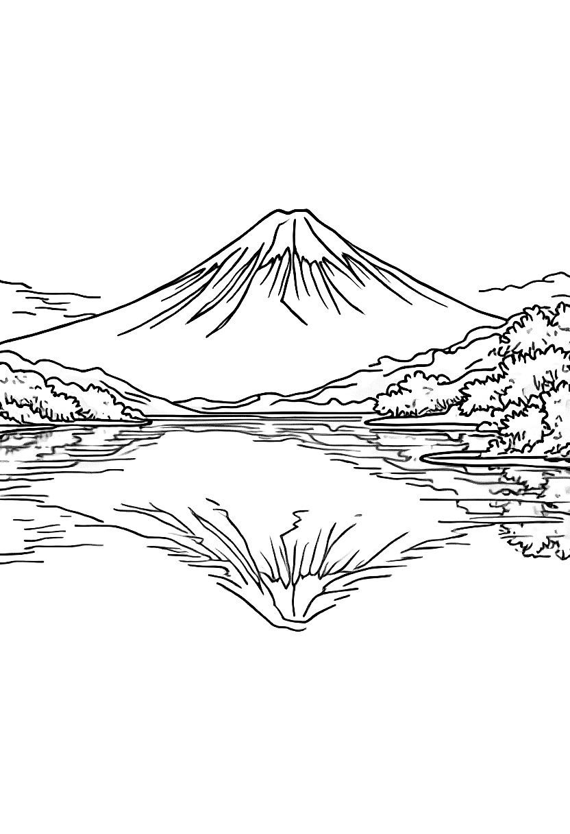 Mount Fuji reflected in a still lake at dusk coloring page Hokusai style free printable