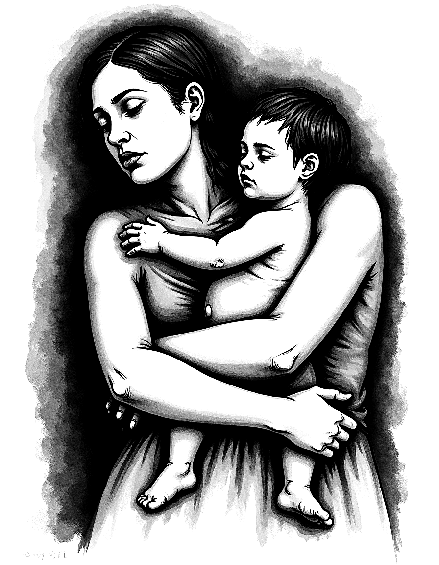 a mother holding a sleeping child close coloring page Kollwitz style free printable