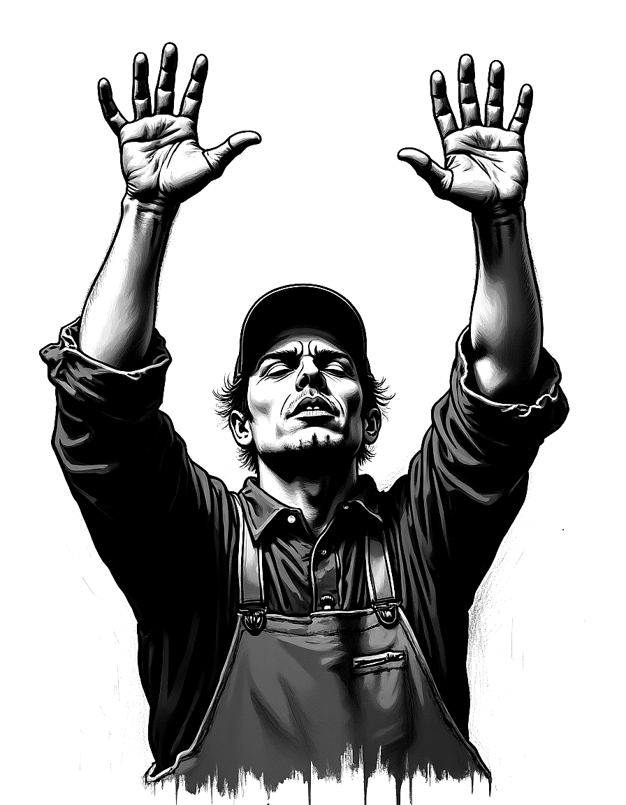 a worker with powerful hands raised coloring page Kollwitz style free printable