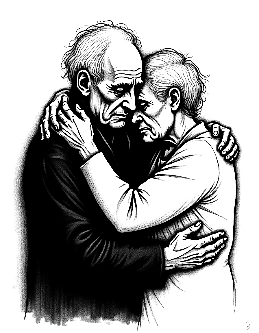 two elderly figures embracing in sorrow coloring page Kollwitz style free printable