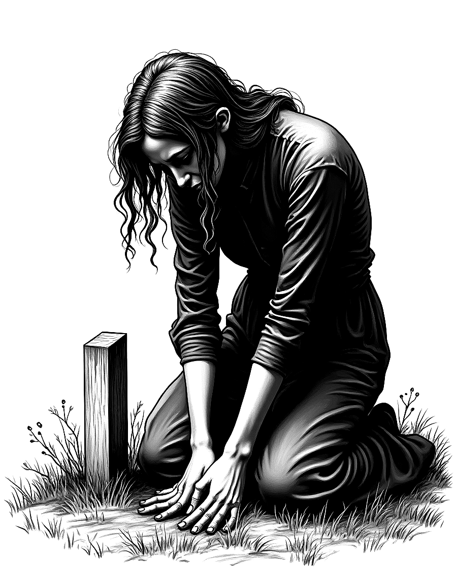 a woman bent in grief over a grave coloring page Kollwitz style free printable