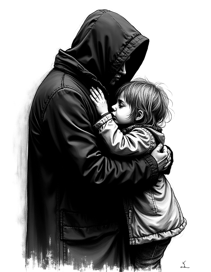 a child clinging to an adults coat coloring page Kollwitz style free printable