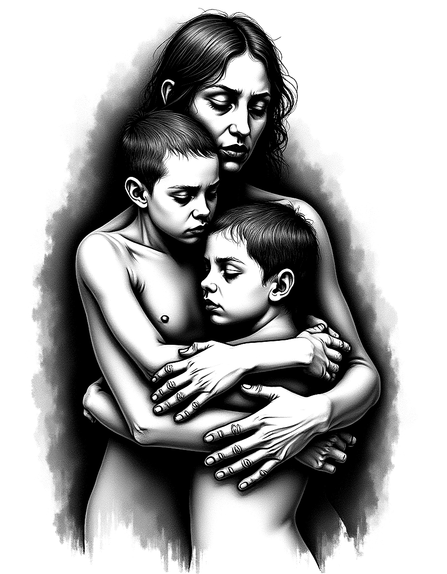 a woman shielding her children with her body coloring page Kollwitz style free printable