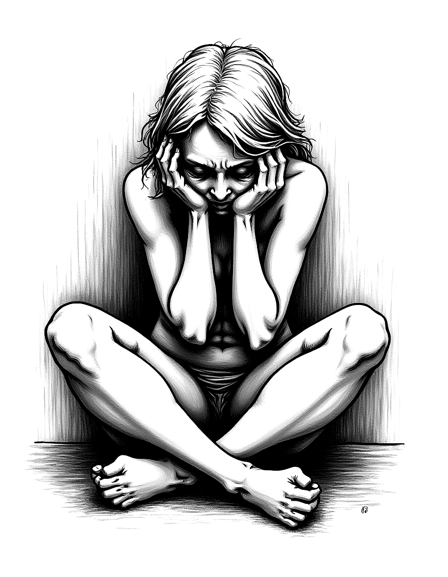 a weary figure sitting with head in hands coloring page Kollwitz style free printable