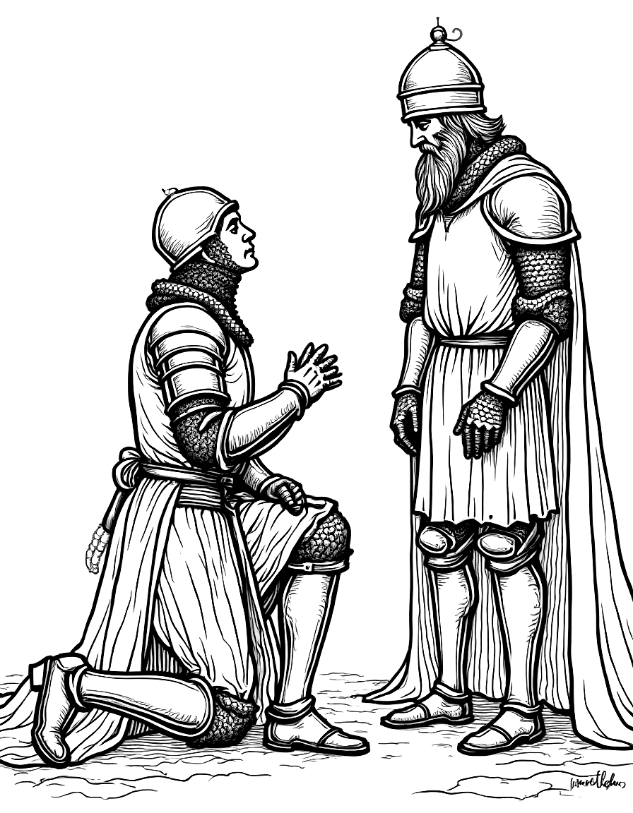a knight in chainmail kneeling before a king coloring page Pyle style free printable