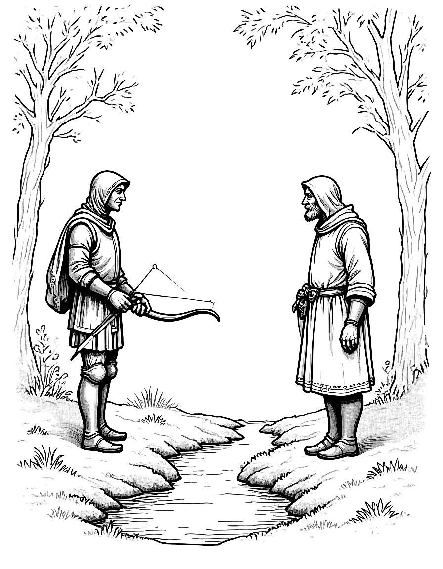 Robin Hood and Friar Tuck at a forest stream coloring page Pyle style free printable