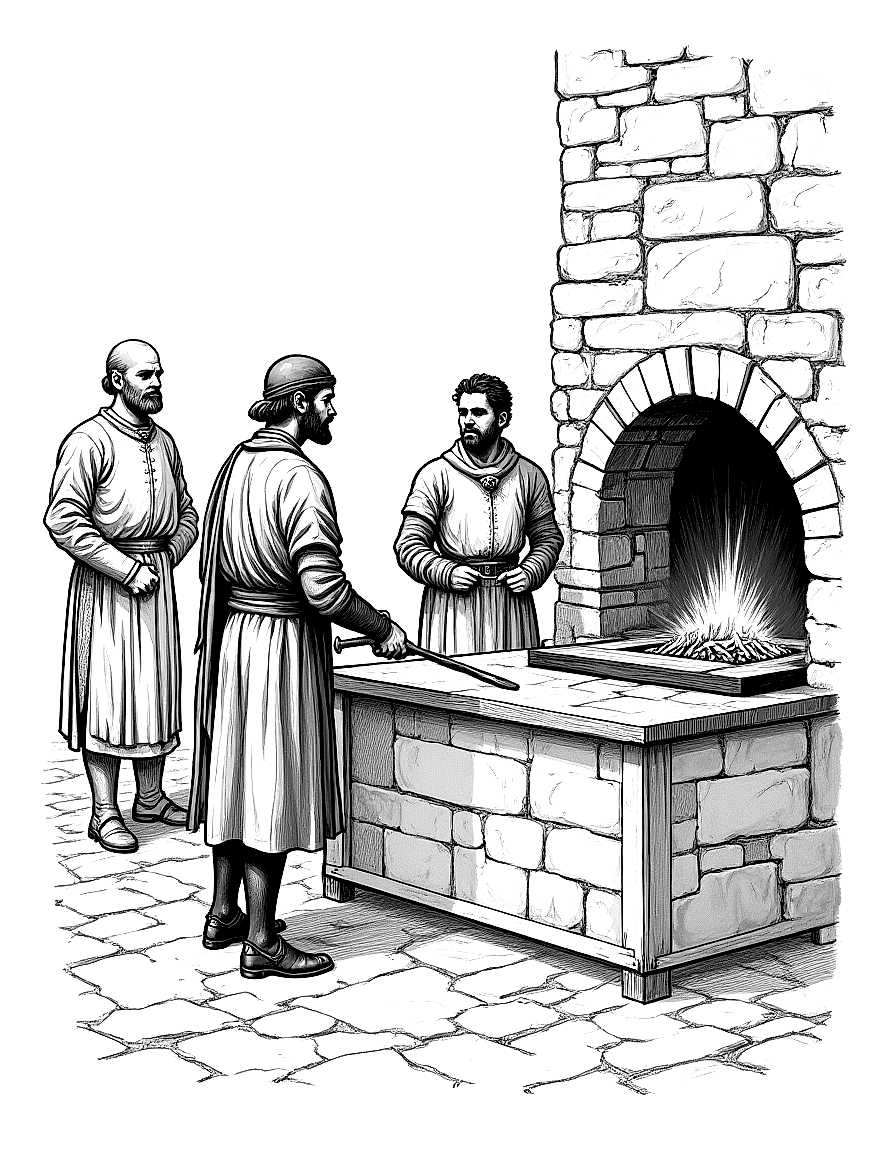 a medieval blacksmith at his forge coloring page Pyle style free printable