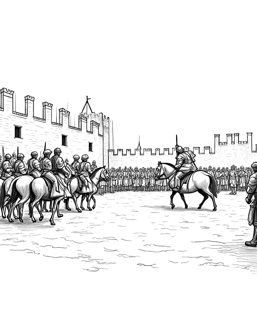 a jousting tournament in a castle courtyard coloring page Pyle style - free printable