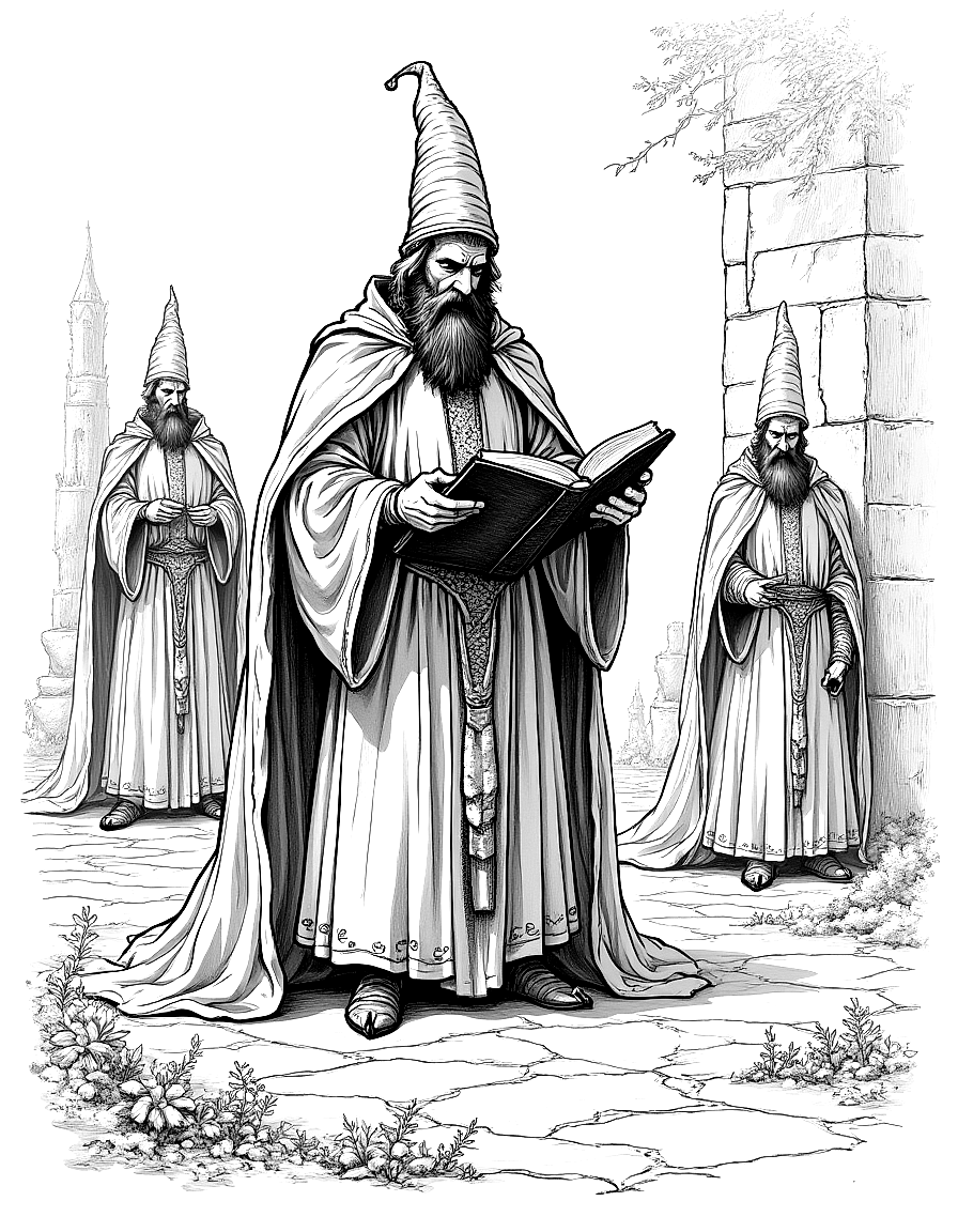 a wizard consulting an ancient tome coloring page Pyle style - free printable