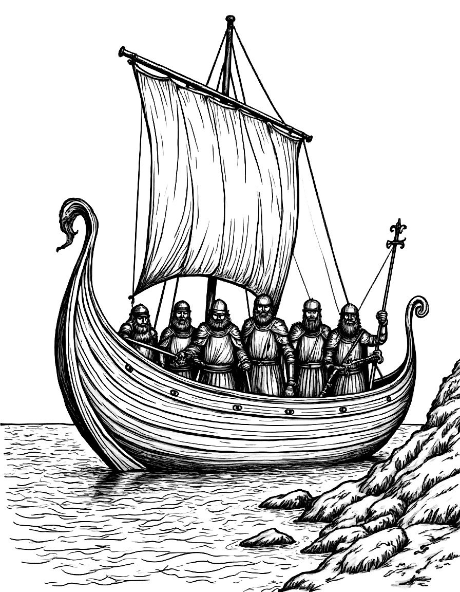 a ship of Vikings landing on a rocky shore coloring page Pyle style free printable