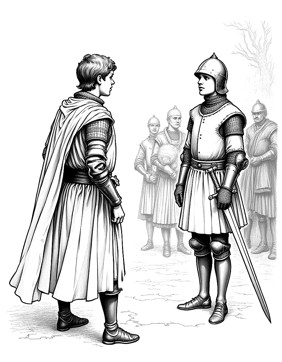 a young squire being dubbed a knight coloring page Pyle style free printable