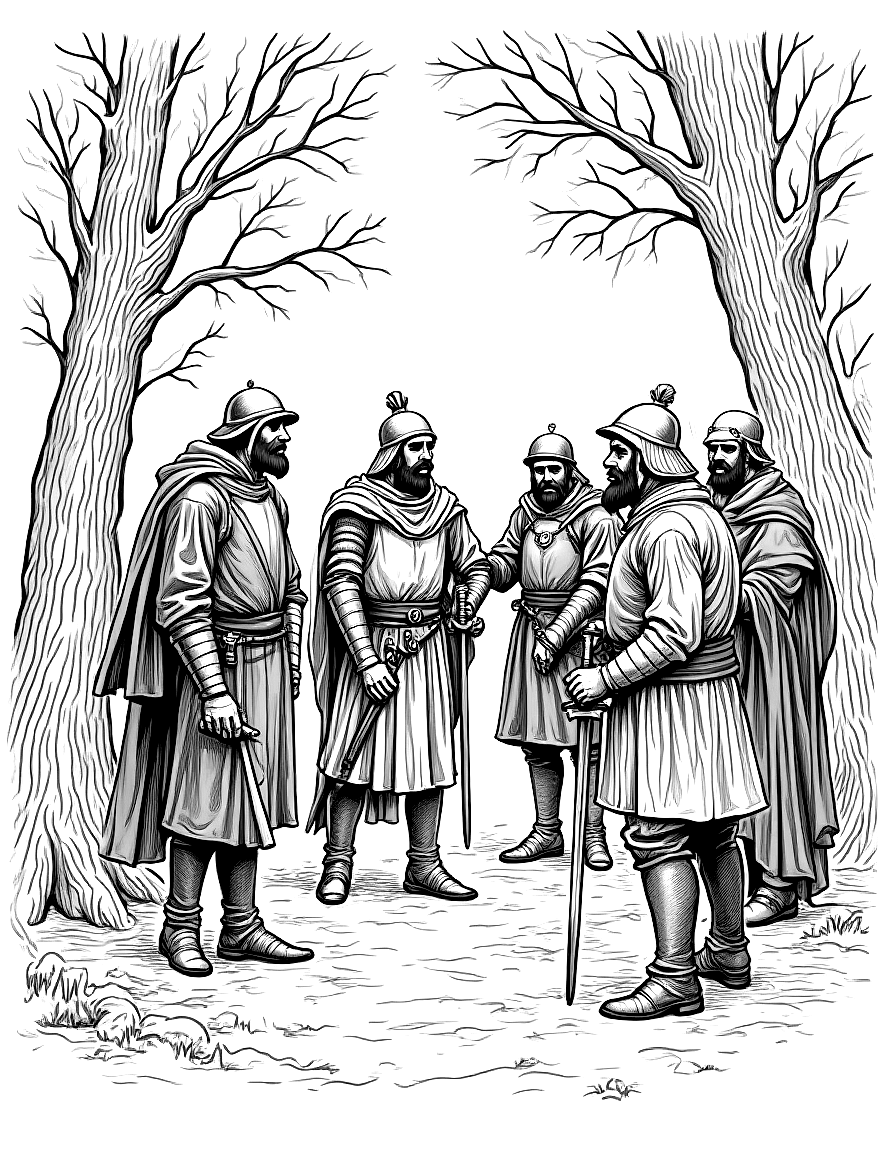 a band of outlaws in a forest hideout coloring page Pyle style free printable