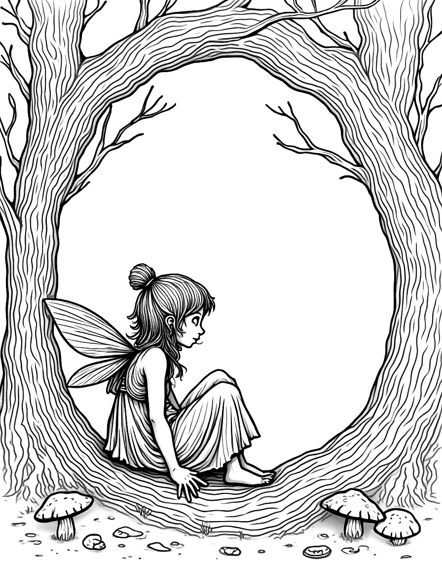 a fairy sitting in a moonlit mushroom ring coloring page Rackham style - free printable