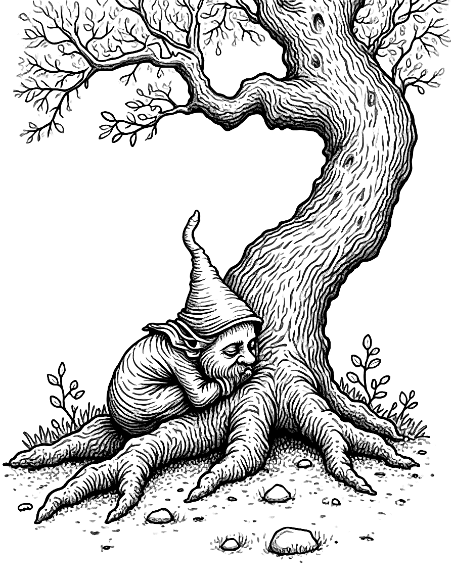 a gnome sleeping beneath a twisted oak root coloring page Rackham style - free printable
