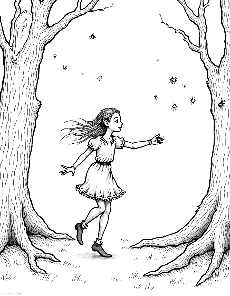 an elf dancing in a forest glade with fireflies coloring page Rackham style - free printable