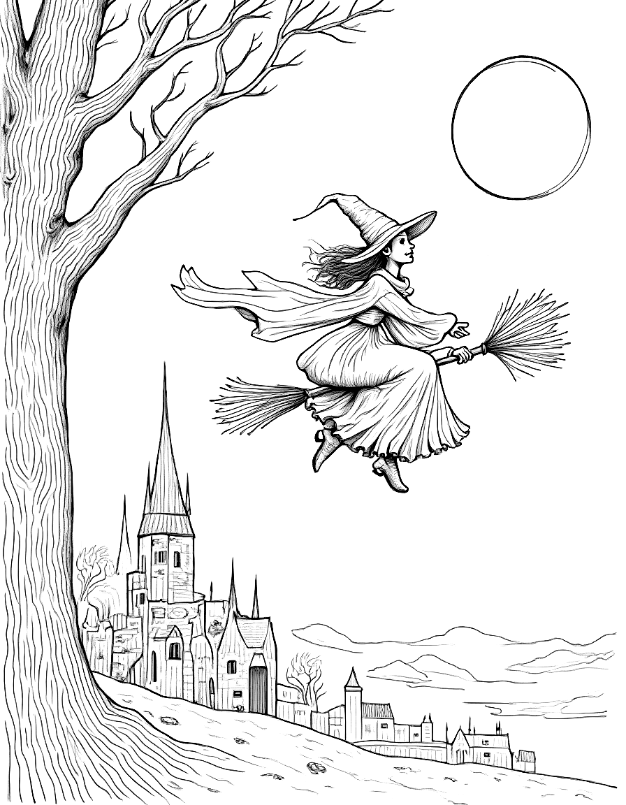 a witch riding a broomstick over a moonlit city coloring page Rackham style - free printable