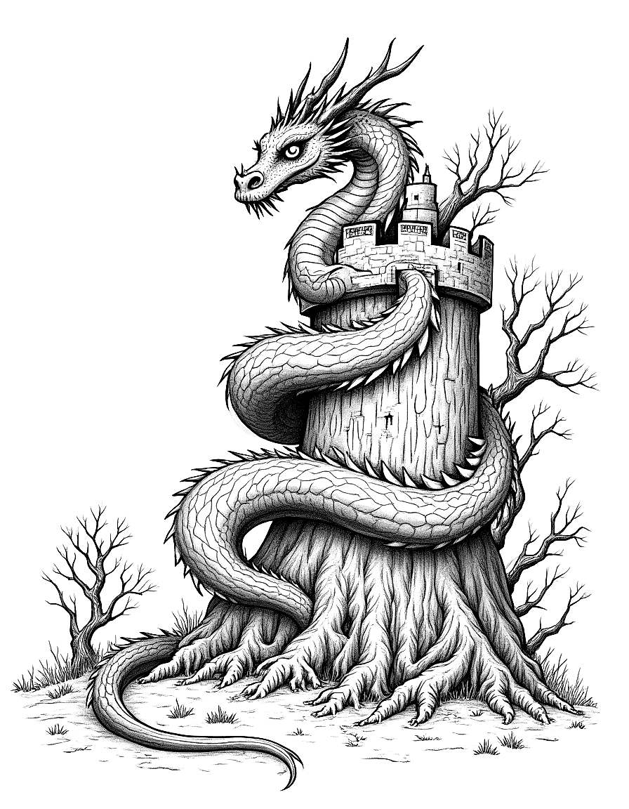 a dragon coiled around a castle tower coloring page Rackham style - free printable
