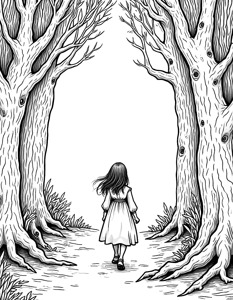 a girl walking through an enchanted forest coloring page Rackham style - free printable