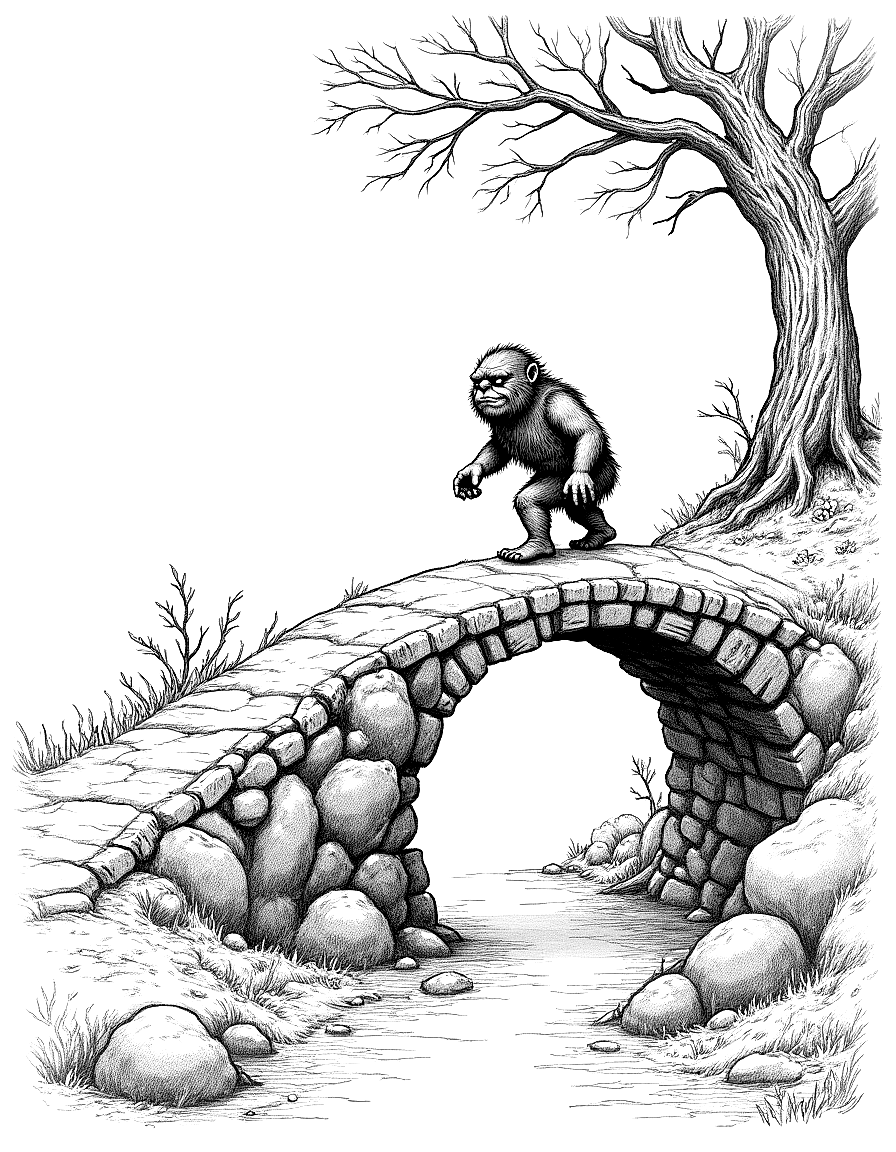 a troll guarding a mossy stone bridge coloring page Rackham style - free printable
