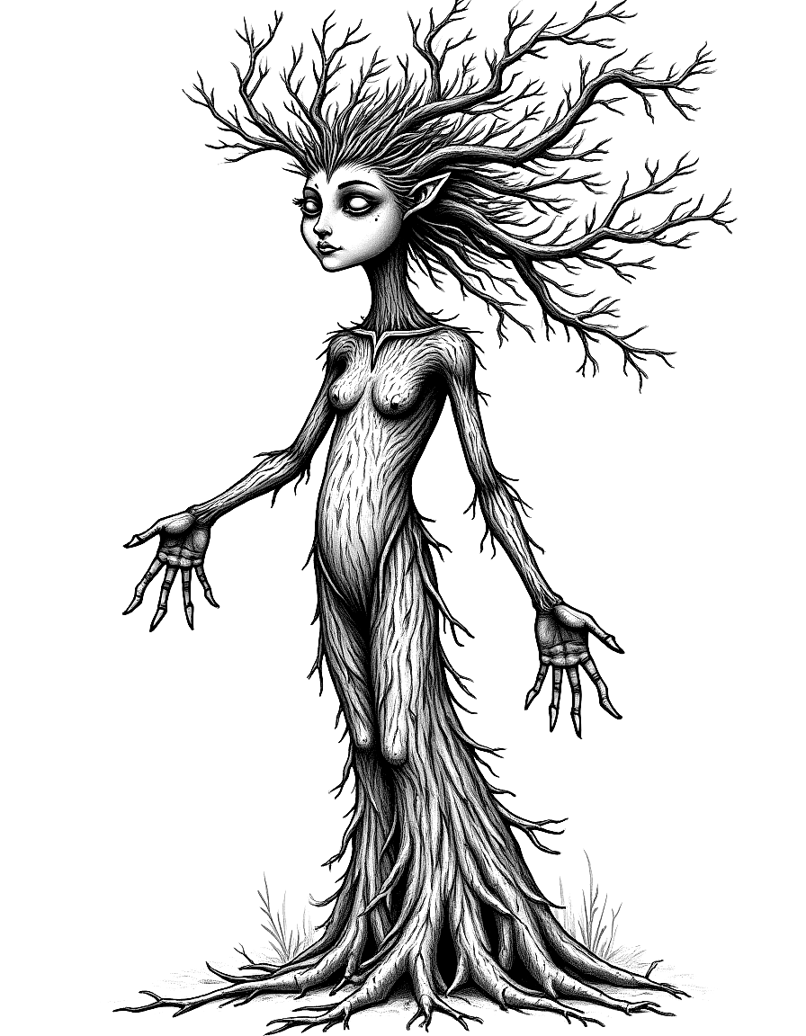 a tree spirit with branches for arms and leaf hair coloring page Rackham style free printable