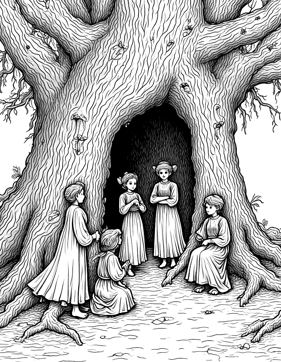 fairies holding a court in an old hollow tree coloring page Rackham style free printable