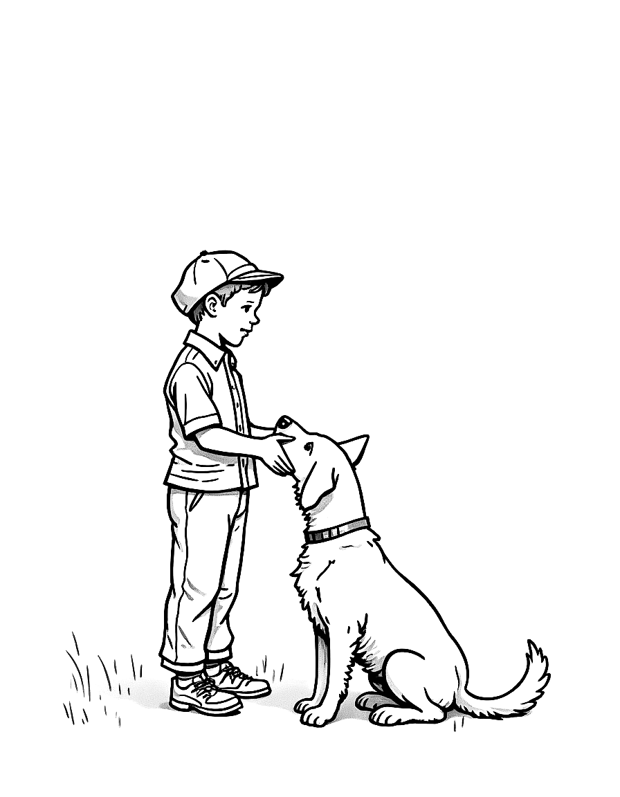 a boy and his dog sharing a secret coloring page Rockwell style free printable